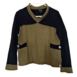 Pure Handknit Blk/Olive Cotton Knit Pullover V Neck Sweater S/M Pockets Chunky